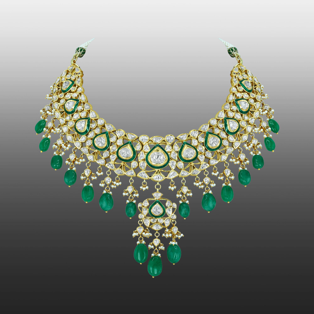 Pear Shaped Polki Choker with Emerald Drops and Cascading Design